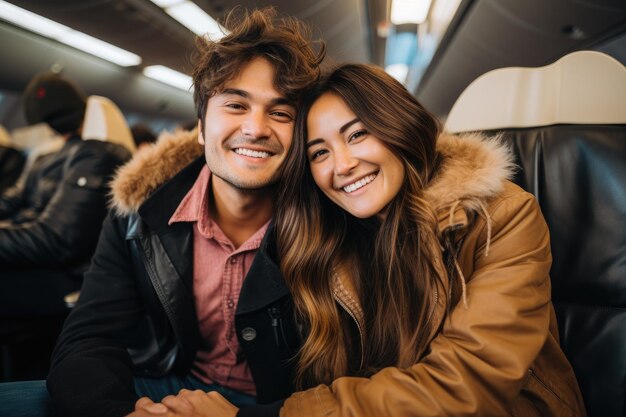 Cheerful young couple sitting together on plane