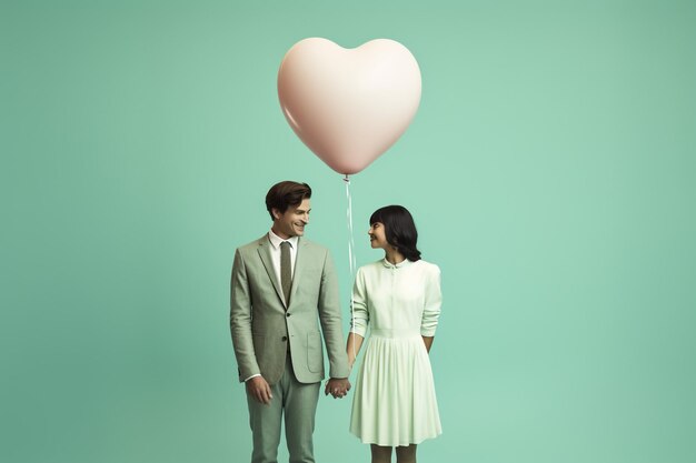 Cheerful young couple standing isolated over pink background holding bunch of air balloons celebrating