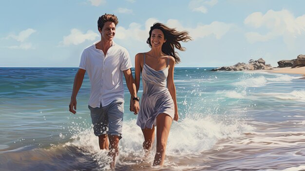 Photo cheerful young couple walk on the beach