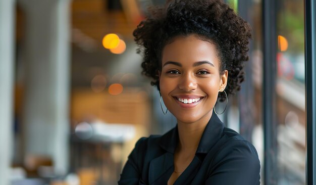カフェで笑顔を浮かべる陽気な若い黒人女性