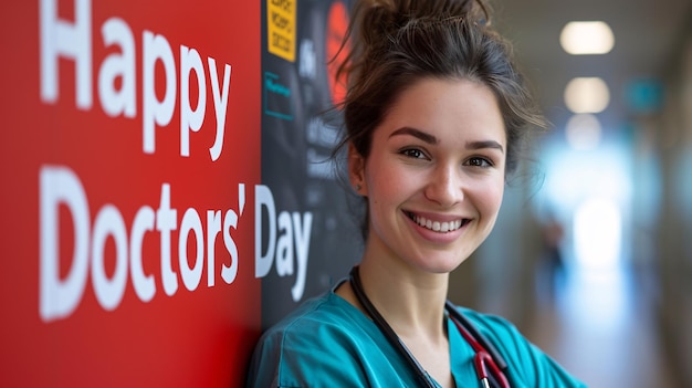 A cheerful young doctor in a gown and stethoscope looks into the camera