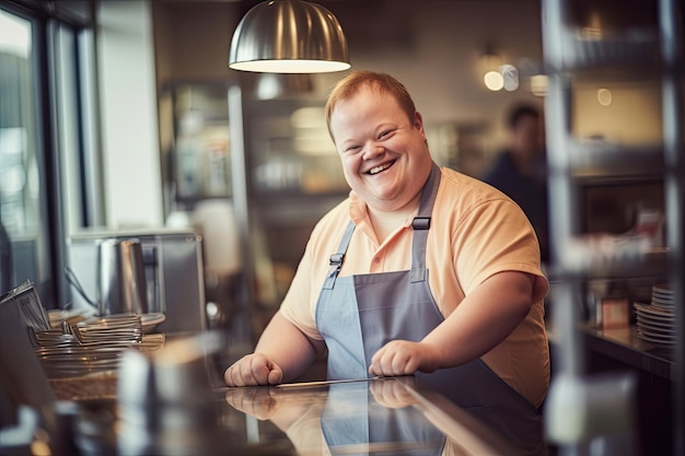 다운 증후군을 고 있는 쾌활한 젊은 웨이터가 테이크 아웃 레스토랑에서 일하고 있습니다.
