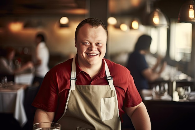 Cheerful young Down Syndrome waiter working in take away restaurant social inclusion concept Generative Ai