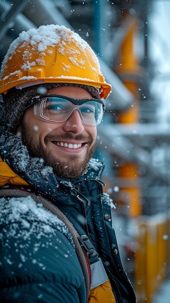 A cheerful young engineer in a hardhat at an oil production site during the winter