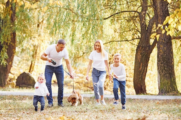 Cheerful young family have a walk in an autumn park together.