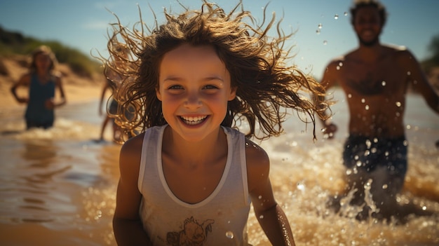 Photo cheerful young family having fun at the beach