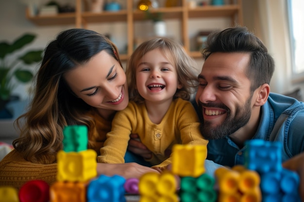 Cheerful young family of three having fun playing with toys together at home