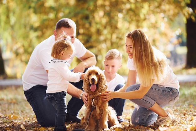 La giovane famiglia allegra con il cane si riposa insieme in un parco autunnale.