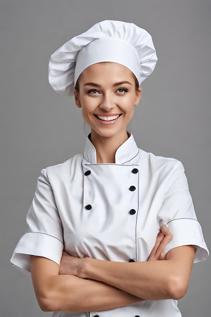 cheerful young female chef cook in uniform standing isolated over grey wall high resolution