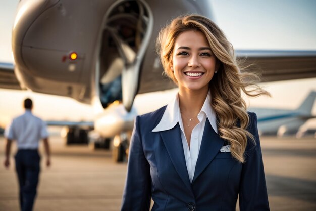 Photo cheerful young girl airline worker touching captain hat and smiling while standing in airfield