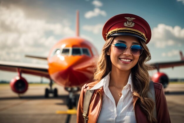 Photo cheerful young girl airline worker touching captain hat and smiling while standing in airfield