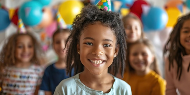 A cheerful young girl at a birthday party with friends and colorful balloons in the background