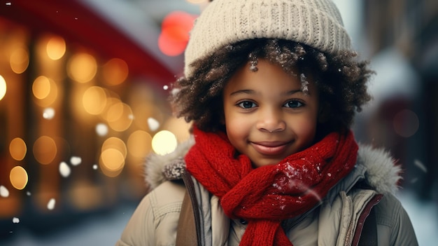 クリスマス ライトのある雪の街で赤いスカーフと白い帽子をかぶった陽気な若い女の子