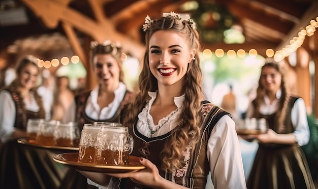 Photo cheerful young girls in bavarian costumes at beer festival