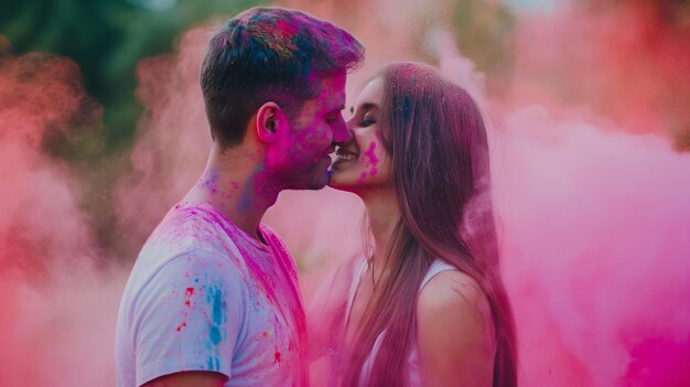 Cheerful young Indian couple in love playing with colorful powder color or celebrating holi festival at park and kissing