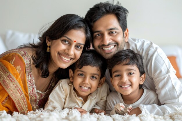 Photo cheerful young indian family of four having fun together at home white background ar 32 fast style r
