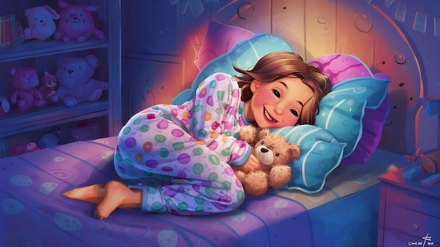 Веселая молодая леди в пижаме спит в постели
