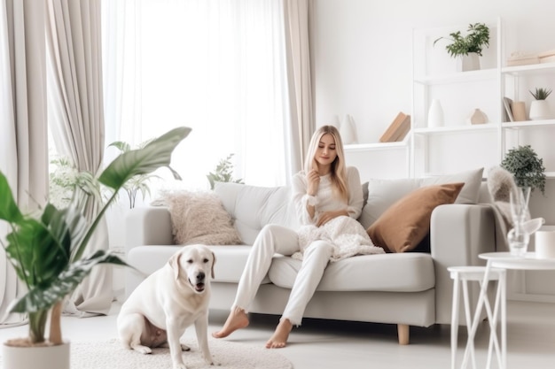 Cheerful young lady happy dog owner in living room Generative AI