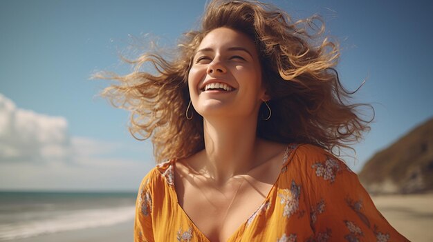 Cheerful young lady smiling at seaside Enchanting woman relishing sunny day Healthconscious idea with lady laughing outdoors