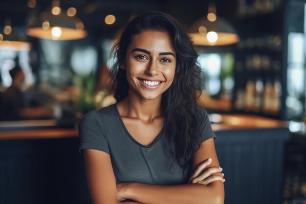 Cheerful Young Latin woman in a bar Generative AI