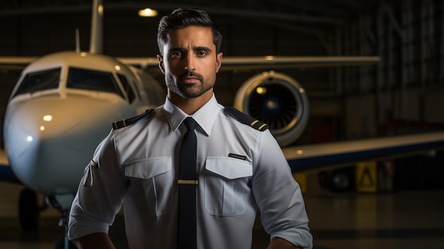 Cheerful young man airline worker touching captain hat and smiling while standing in airfield with airplane on background