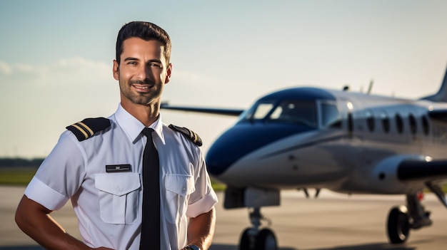 Foto giovane uomo allegro che tocca il cappello del capitano e sorride mentre è in piedi nell'aeroporto con l'aereo sullo sfondo