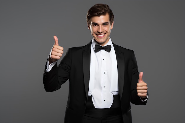 Cheerful Young Man in Black Tuxedo and White Shirt Giving Thumbs Up