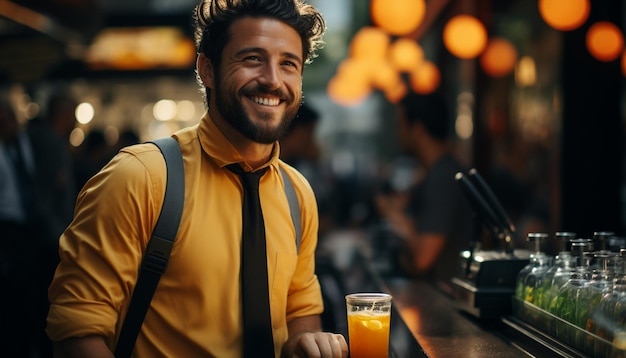 Photo a cheerful young man enjoying a drink at a bar generated by ai