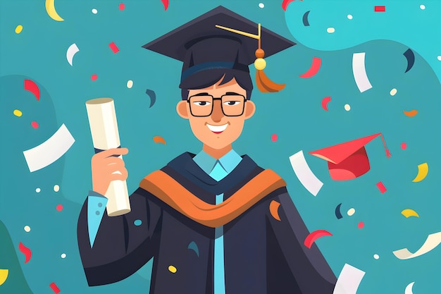Cheerful young man graduate flat illustration in mortarboard and bachelor gown with diploma Graduation ceremony concept in vector style Congratulation the graduates in University