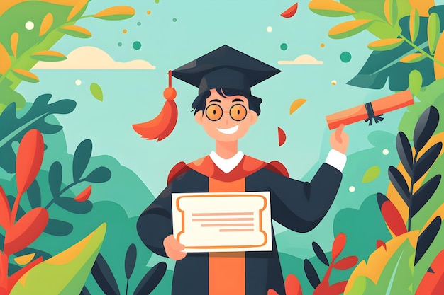 Cheerful young man graduate flat illustration in mortarboard and bachelor gown with diploma Graduation ceremony concept in vector style Congratulation the graduates in University