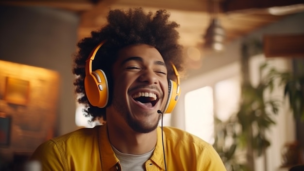 cheerful young man in headphones listening to music in home