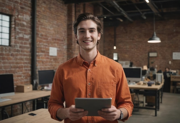 Cheerful young man in an orange shirt using a tablet in an office he exudes a professional yet