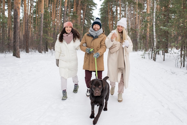 Giovane allegro e due donne in abbigliamento invernale che seguono il documentalista nero al guinzaglio mentre si muove tra i pini in una giornata invernale