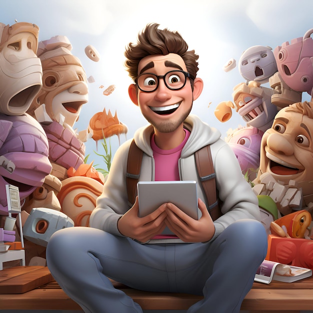 Cheerful young man using tablet computer sitting on a bench in front of a group of fantasy monsters