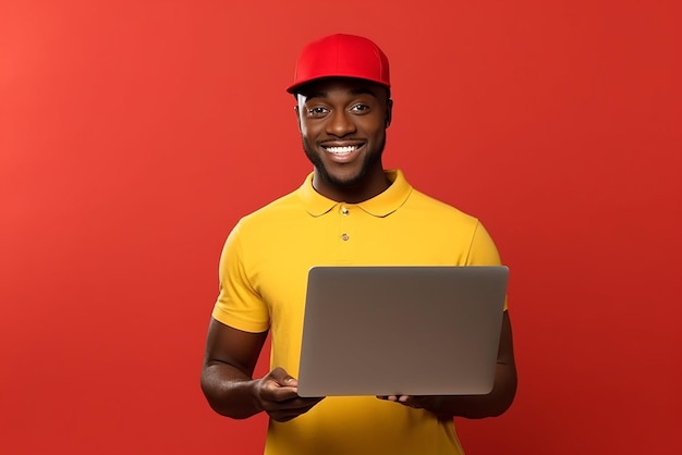 Cheerful young man wearing cap using laptop computer