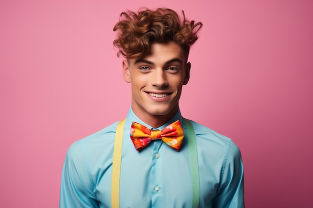 Cheerful young man with curly hair and colorful bow tie on pink background