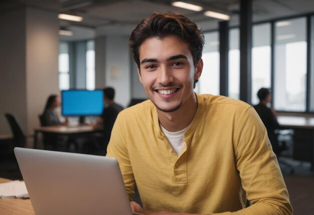 Cheerful young man with a laptop in a modern office workspace representing youthful energy and