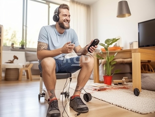 Cheerful young man with a prosthetic leg above the knee sitting on the floor at home wearing headp