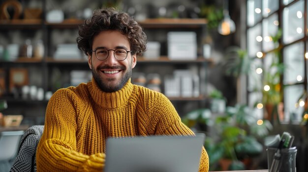 Cheerful young man working remotely from home with a laptop and cellphone sitting at a desk in an office copying