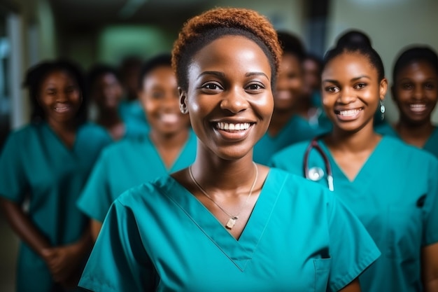 Cheerful young nursing student with her team in hospital wearing scrubs and stethoscope