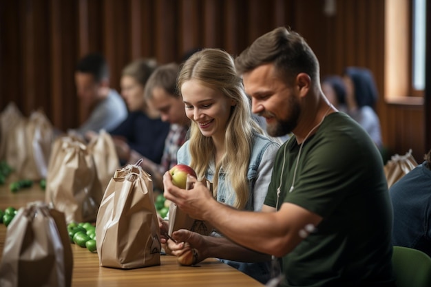 Foto giovani allegri che impacchettano frutta fresca in sacchetti di carta per le persone bisognose al centro comunitario