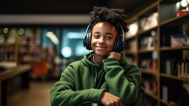 체어 에 앉아 있는 즐거운 젊은 사람 이 헤드폰 을 착용 하고 도서관 에서 책장 을 배경 으로 앉아 있다