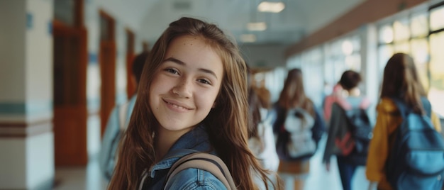 Cheerful young student smiling in a school hallway with peers and education in the backdrop