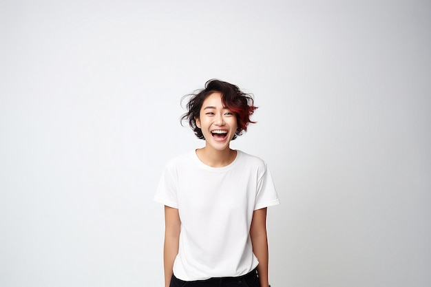 cheerful young thai woman with colored hair in casual white t shirt for mock up on white background