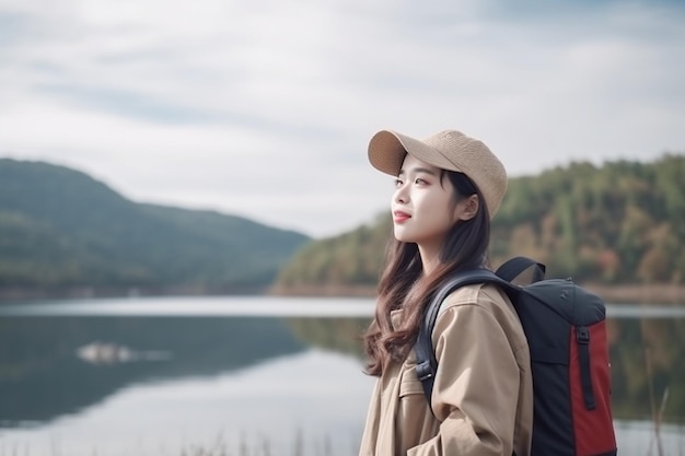 Веселая молодая путешественница азиатская дама с рюкзаком гуляет по горному озеру корейская подросток наслаждается своим отдыхом приключение чувство счастья свобода образ жизни путешествие и отдых в свободное время концепция