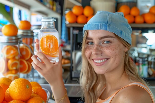 Cheerful Young Woman in Blue Hat Smiling Holding Fresh Orange Juice Bottle at a Fruit Stand