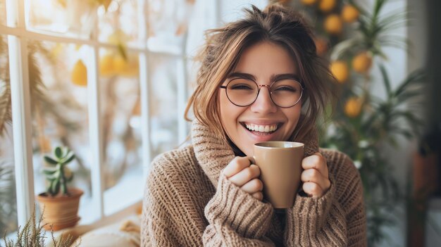 즐거운 젊은 여성은 집에서 커피 한 잔을 즐기고 즐거운 여성은 안경과 스웨터를 입고 겨울에 뜨거운 차를 마시면서 웃습니다.