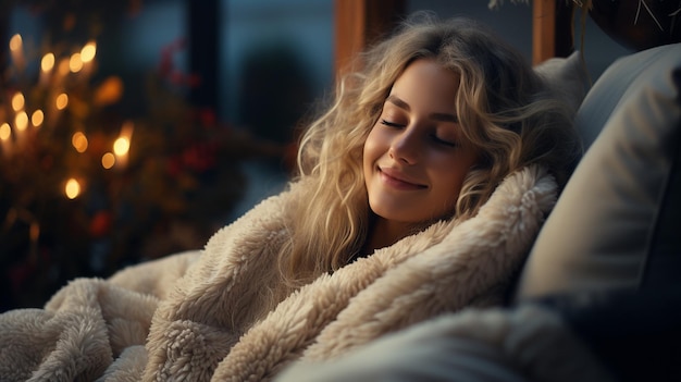 Photo a cheerful young woman enjoys a cup of tea on a morning in the autumn