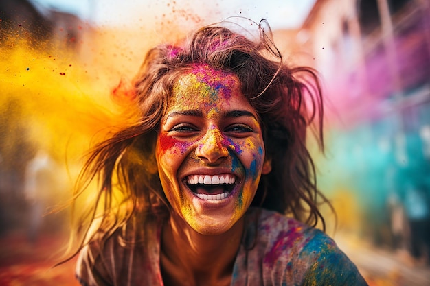 Cheerful young woman having fun in colorful powder dust explosion at happy holi festival party