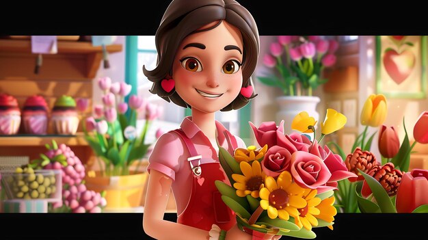 Photo cheerful young woman holding a bouquet of various flowers she is wearing a red apron and a pink shirt